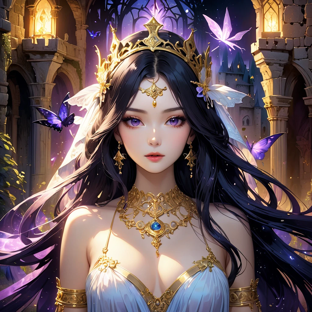 ((Extreme details)),(super detailed), goddess of the ht, queen, gold jewelry, intricate details, mystical atmosphere, ethereal beauty, delicate features, Flowing hair, black hair, majestic headdress, ornate necklace, intricate bracelets, ancient symbols, personal sparkling, mysterious aura, facing forward, looking at the audience, medieval castle, enchanted ruins, magical powers, divine glow, importing serenity, subtle shadows, rich textures, vibrant cores, epic fantasy, otherworldly charm, surreal elements, ethereal light effects, Look away, Look up, from above, captivating composition, powerful storytelling.