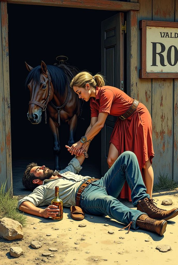 Hyperrealistic color comic 1950s a drunk cowboy lying outside with a bottle of liquor in his hand at the door of a saloon his horse next to him in the American Wild West a woman helps him up 