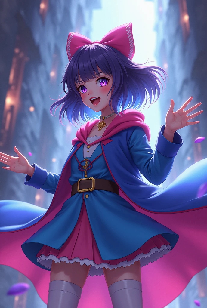 Mioda Ibuki /(Danganronpa/), bank ultra-detailed, masterpiece, illustration, 8k, masterpiece, realistic shadows, wind, gradient, volumetric lighting, cute, ambient lighting, colorful, glowing particles, beautiful detailed eyes 1girl, solo, (original outfit), dungeon background, blue and pink mage outfit, cloak, magic, fantasy