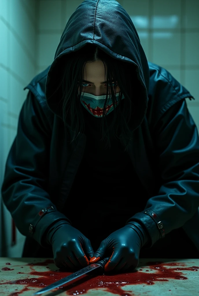 A sexy young male, long black hair, teal blue eyes, delicate facial features. (behind a bloody , surgical mask), holding a knife, stabbing, cutting, black gloves, bath, black raincoat, hood up, holding knife, black gloves, behind, blood splatter, black wet suit, night, mass murderer, killer, robbery, dark atmosphere, cinematic lighting, atmospheric realistic, close-up, ((no facial or body hair)) long lashes