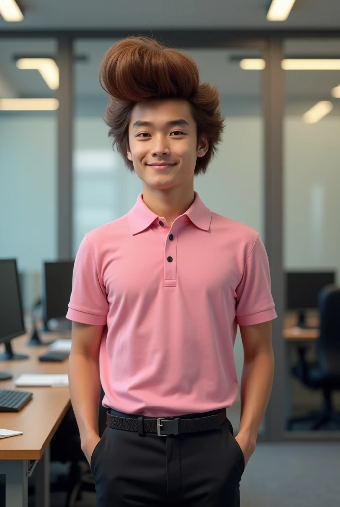 wearing a big brown elvis pompadour wig , young man, wearing a pink polo shirt tucked in with black buttons, office