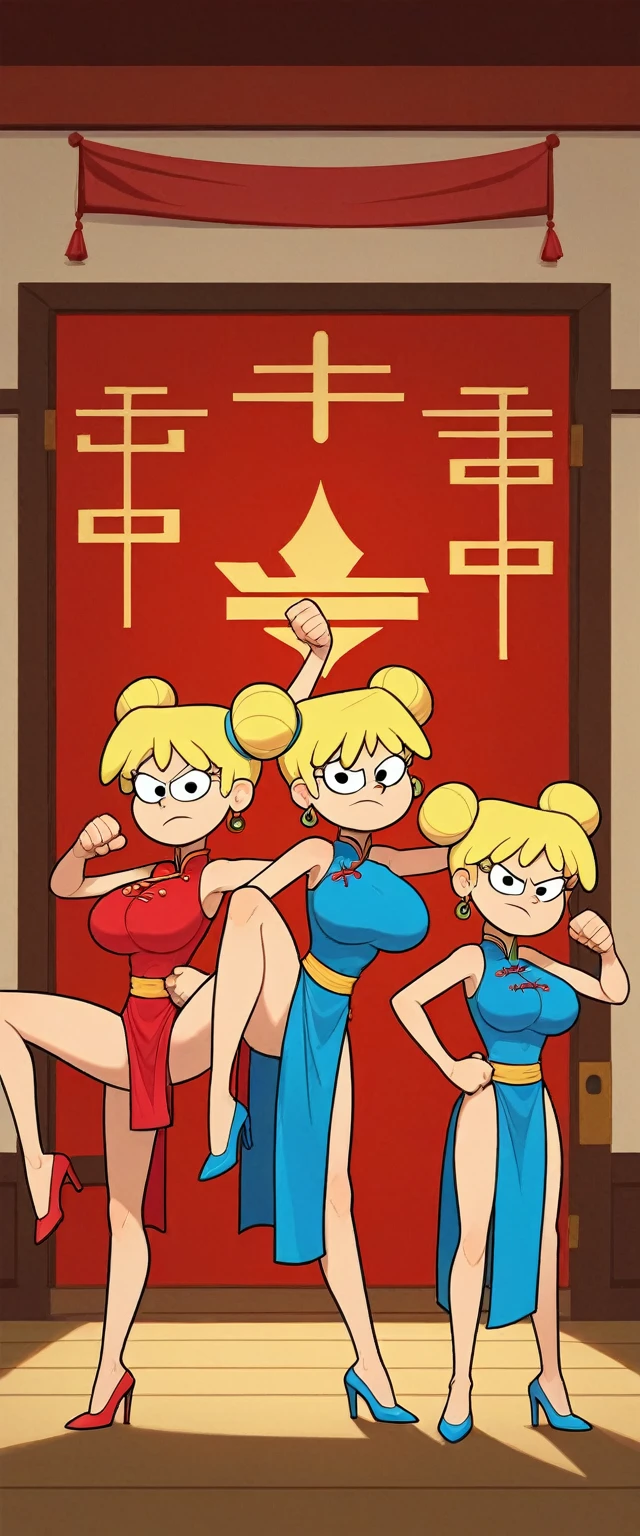 lori loud, 3girl, trio, 24yo girl, huge breasts, blue cheongsam,  inside of a chinese style temple,  looking at viewer, blonde hair, short hair, two hair buns , hands  score_9, score_8_up, score_7_up, high heels,teep fighting stance,martial arts, giarding the starir, starirs behind them, a door behind the stair, they are identical twins