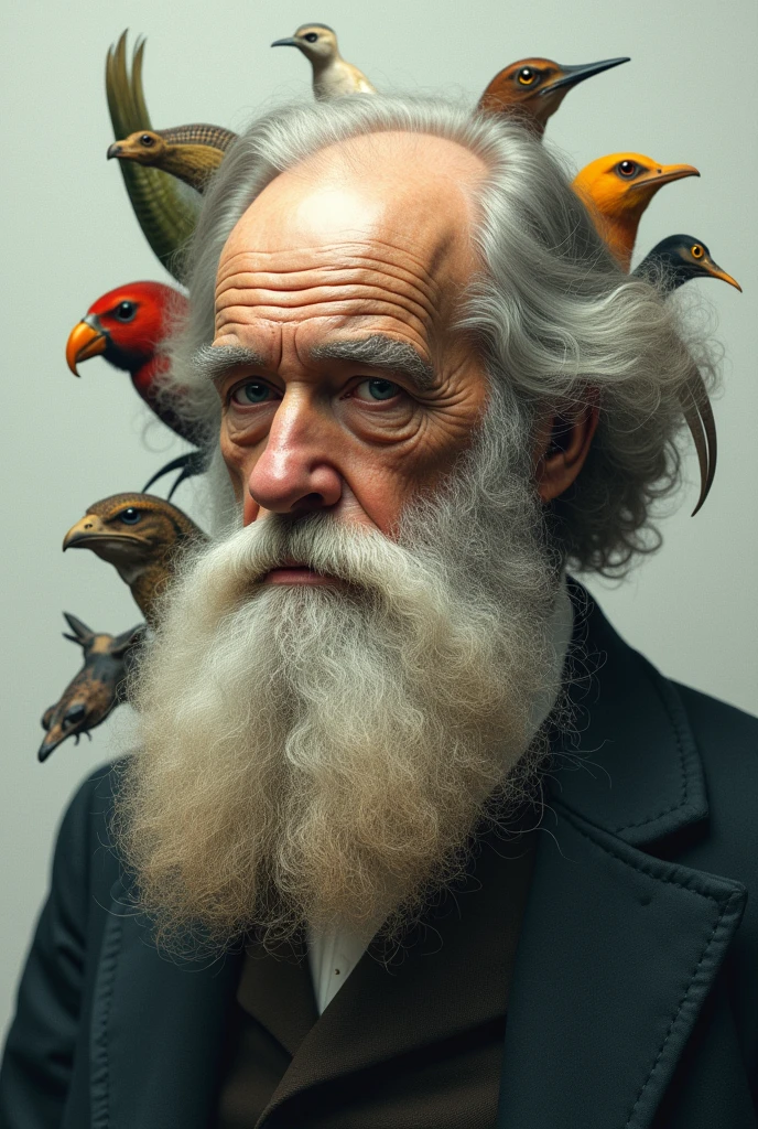 Chasles Darwin, focused face, High detail, His beard is made up of animals (surrealist style) representing natural selection. Biological evolution.