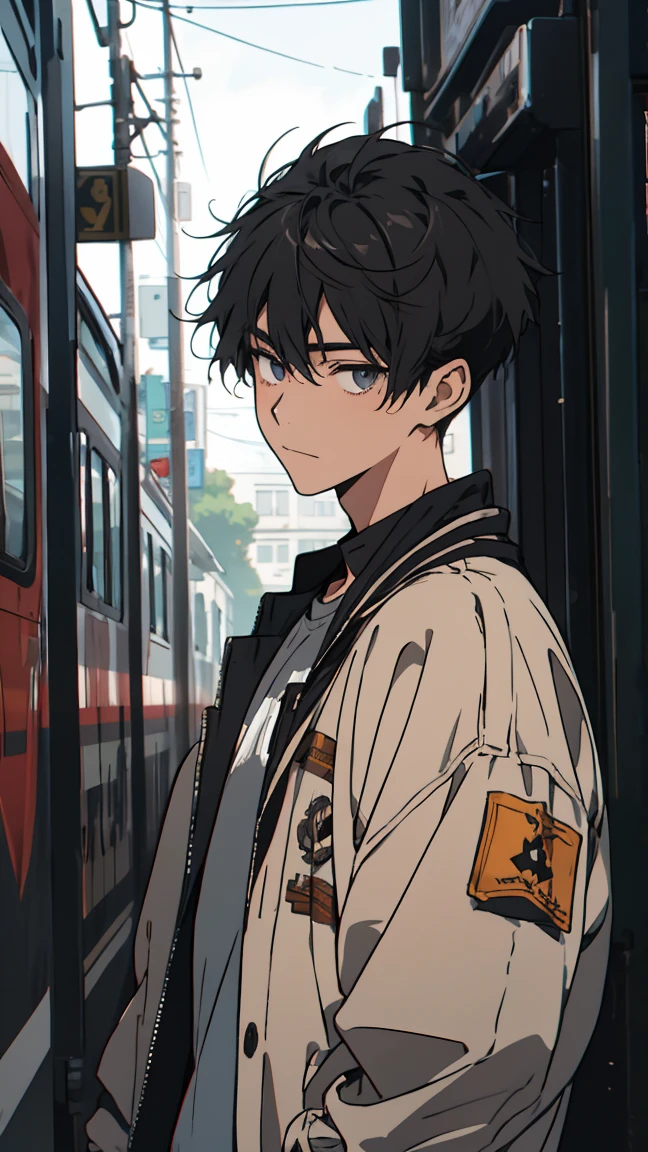 Looking forward, delinquent youth, high school student, youth, ager, sharp eyes, honor student, wearing a jacket, short hair, short hair, spiked hair,