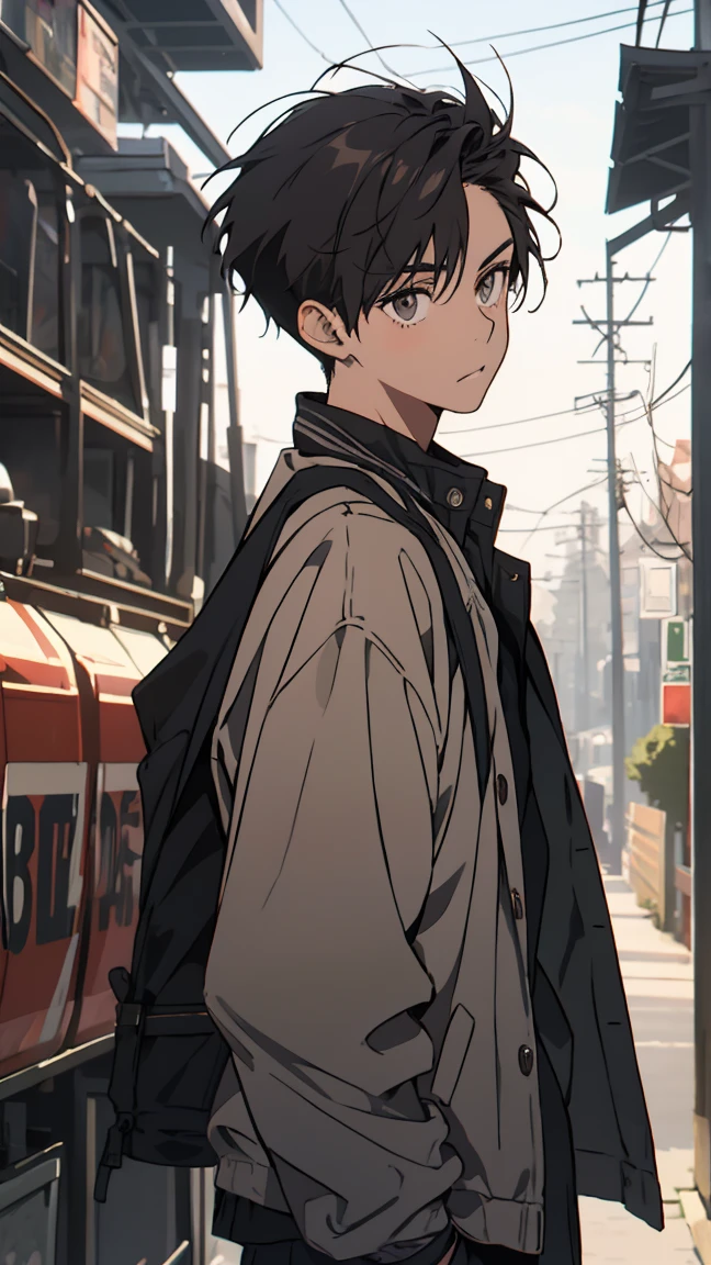 Looking forward, delinquent youth, high school student, youth, teenager, sharp eyes, honor student, wearing a jacket, short hair, short hair, spiked hair,