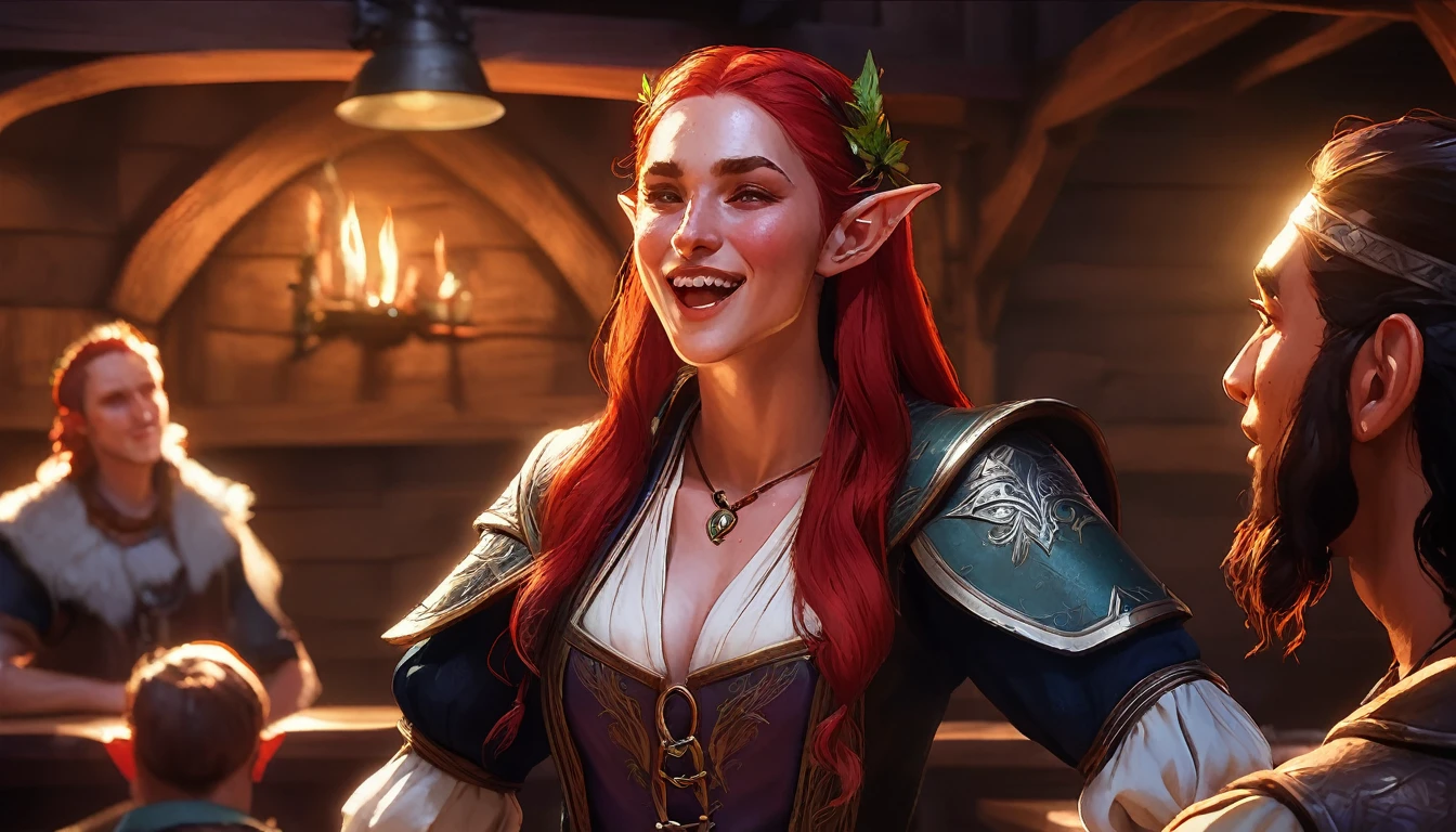 close up of a red haired elf singing in a tavern, MEDIEVAL STYLE,high fantasy RPG style, League of Legends-inspired art style, dynamic poses, detailed facial features, cinematic lighting, vibrant colors, dramatic atmosphere, gritty realism, masterpiece, best quality, ultra-detailed, VALORANT