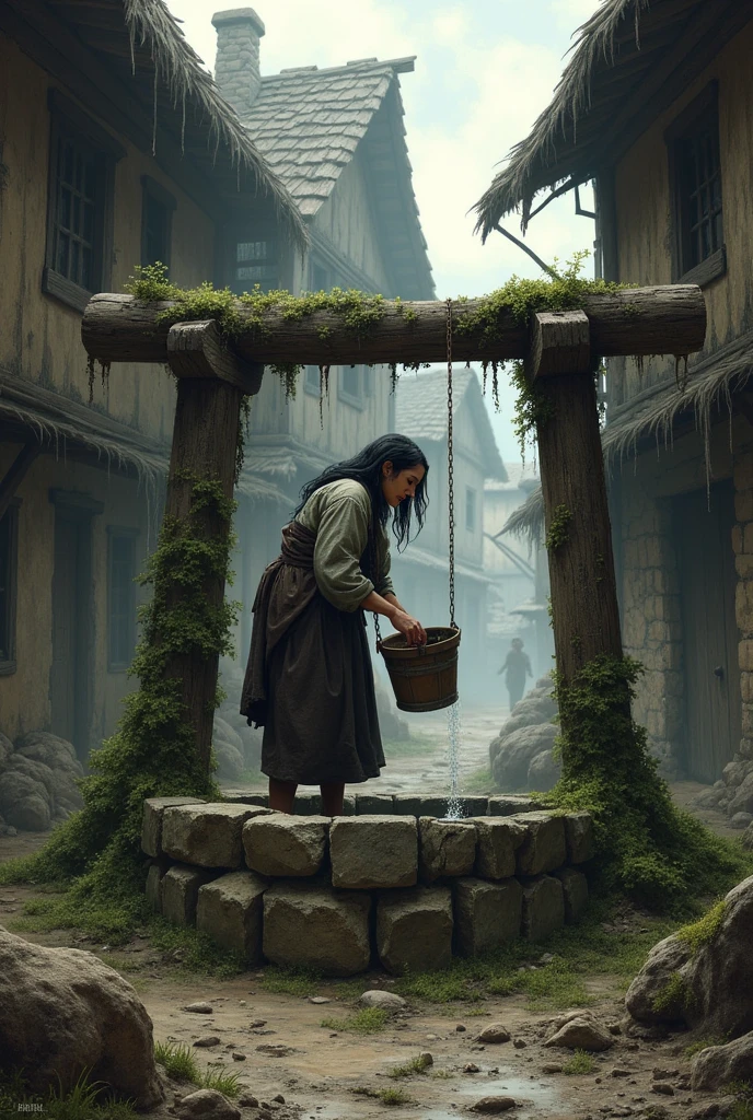 a woman fetching water from a dirty well in an ancient and dirty medieval village