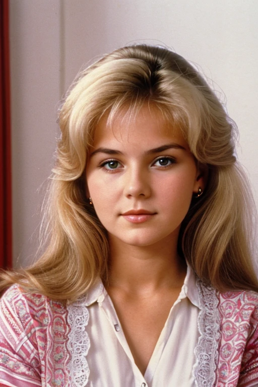 Medium view, of young aged, 19 year old, mom, gilf, milf, Maria Mironova, face portrait, extreme russian features, slavic, chubby, long 1980s hair, blond hair, 1980s clothing, in Small town 1980s,