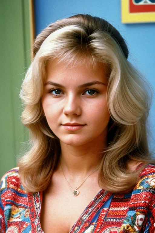 Medium view, of young aged, 19 year old, mom, gilf, , Maria Mironova, face portrait, extreme russian features, slavic, chubby, long 1980s hair, blond hair, 1980s clothing, in Small town 1980s,