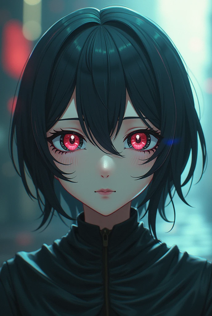 Person with 3 eyes in anime style but with filters with chromatic aberration