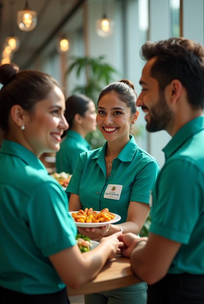 (photorealism:1.2), Group of 5 employees serving people at an event. They wear a turquoise green business uniform. They are all of Mexican nationality. brown