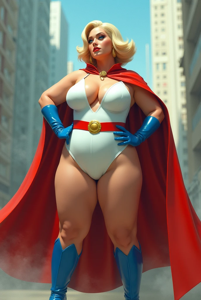 FULL BODY. A HYPER BUSTY FEMALE WITH SHORT BLONDE HAIR, BLUE EYES WEARING A WHITE TURTLE NECK LEOTARD WITH LONG SLEEVES, A LARGE ROUND CLEAVAGE CUT OUT HOLE ON THE CHEST, BLUE GLOVES, BLUE BOOTS, A RED BELT WITH A GOLD CIRCLE, A LONG RED CAPE ATTACHED AT THE NECK WITH ONE GOLD CIRCLE CLASP. (LARGE THICK ROUND BOOBS:1.2). ABSURD 8K RESOLUTION, DYNAMIC BACKGROUND.