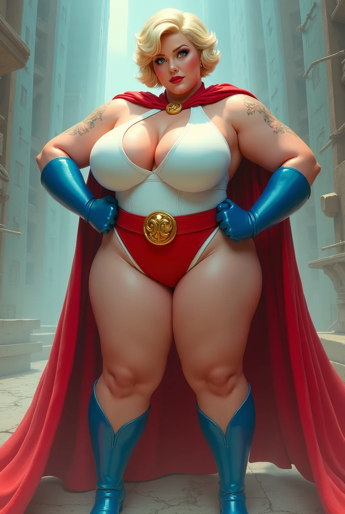FULL BODY. A HYPER BUSTY FEMALE WITH SHORT BLONDE HAIR, BLUE EYES WEARING A WHITE TURTLE NECK LEOTARD WITH LONG SLEEVES, A LARGE ROUND CLEAVAGE CUT OUT HOLE ON THE CHEST, BLUE GLOVES, BLUE BOOTS, A RED BELT WITH A GOLD CIRCLE, A LONG RED CAPE ATTACHED AT THE NECK WITH ONE GOLD CIRCLE CLASP. (LARGE THICK ROUND BOOBS:1.2). ABSURD 8K RESOLUTION, DYNAMIC BACKGROUND.