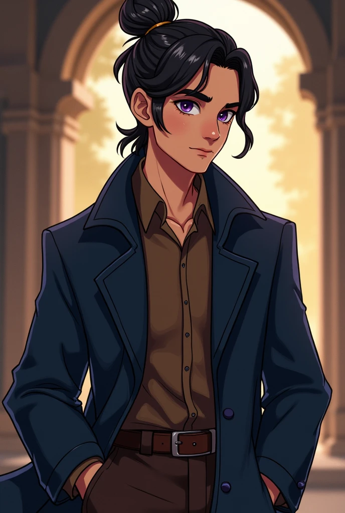 Crie um homem, ele é um mago, ele tem o cabelo no estilo coque, faça no estilo de arte de dungeons and dragons VOX MACHINA da critical role crie ele com um rosto amigavel e calmo, ele não tem barba e é apenas um adulto de 24 anos, não faça ele de uma maneira , quero q faça essa arte no mesmo estilo de animação que usam na série animade de vox machina da amazon prime, faça ele de uma maneira mais realista, faça no mesmo estilo de baldur's gate 3, ele tem o olho na cor roxo escuro, ele veste um sobre tudo azul escuro, ele tem uma camina marrom debaixo do sobretudo, ele veste uma calça marrom, faça ele com um rosto um poquinho mais adulto, mas sem nenhuma barba, crie no estilo de arte da série "invencible"