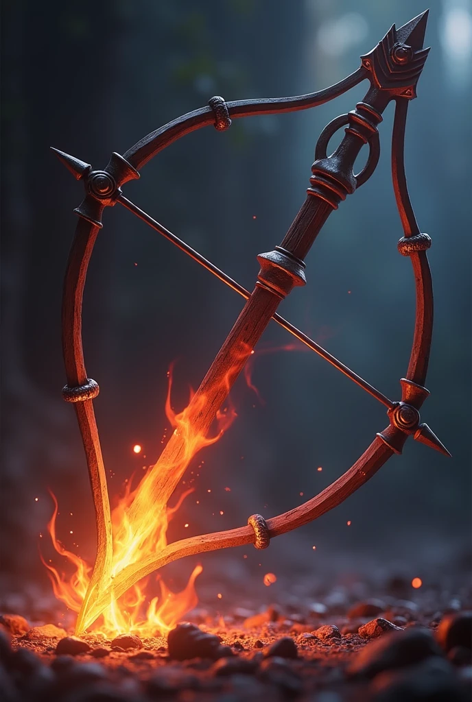 Create a scene of a medieval bow and arrow burning in a semi-animated style, with gothic style colors