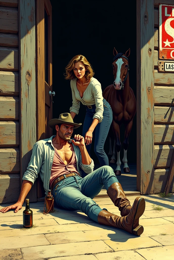 Hyperrealistic color comic 1950s a drunk cowboy lying outside with a bottle of liquor in his hand at the door of a saloon his horse next to him in the American Wild West a woman helps him up