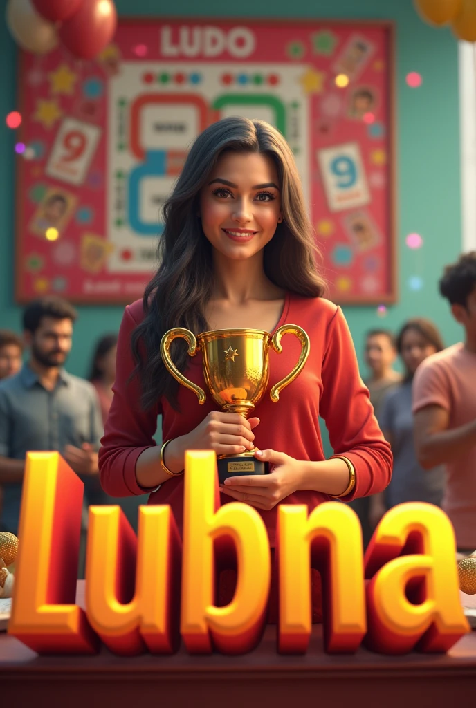 A vibrant scene with a large Ludo poster displayed in the background. In the foreground, a woman is proudly holding a Ludo trophy. In front of her, the name 'Lubna' is written in a stylish, 3D font, making the scene lively and celebratory, with the focus on her achievement."