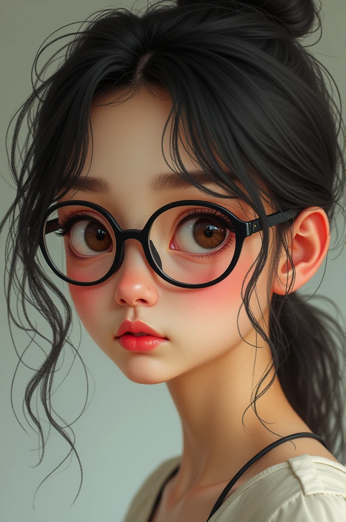 a girl with eye glasses with cun in his face
