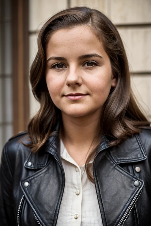 Medium view, of young aged, 16 year old, mom, gilf, milf, face portrait, jewish features, chubby, long hair, brown hair, 1940s hair style, 1940s clothing, leather jacket, in berlin 1936, sweaty