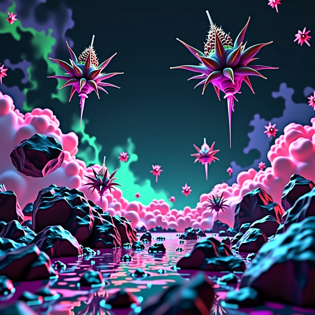 Outer space with neon green and violet tones, some asteroids shaped like weed buds