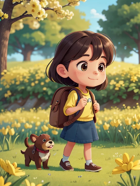Tip: A very charming  with a backpack and her cute puppy enjoying a lovely spring outing surrounded by beautiful yellow flowers and nature. The illustration is a high-definition illustration in 4k resolution, featuring highly detailed facial features and cartoon-style visuals.