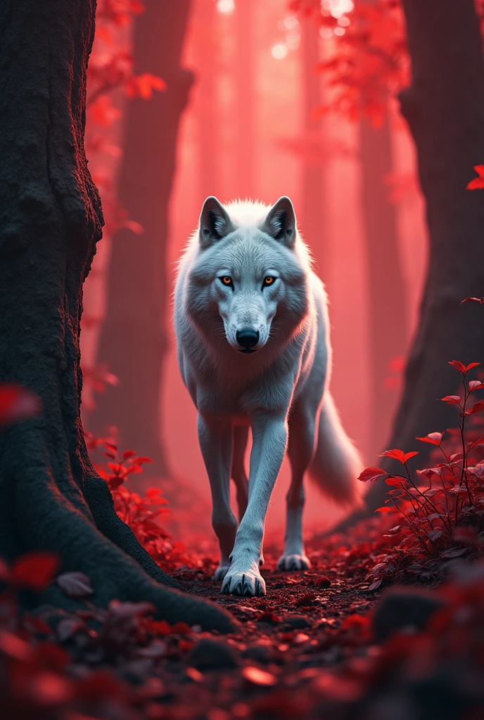 (masterpiece, best quality:1.2), realistic white wolf , in the ancient forest,  in a red dream world, red forest, in a red forest, amazing depth, red mood in background, shades of red, photography