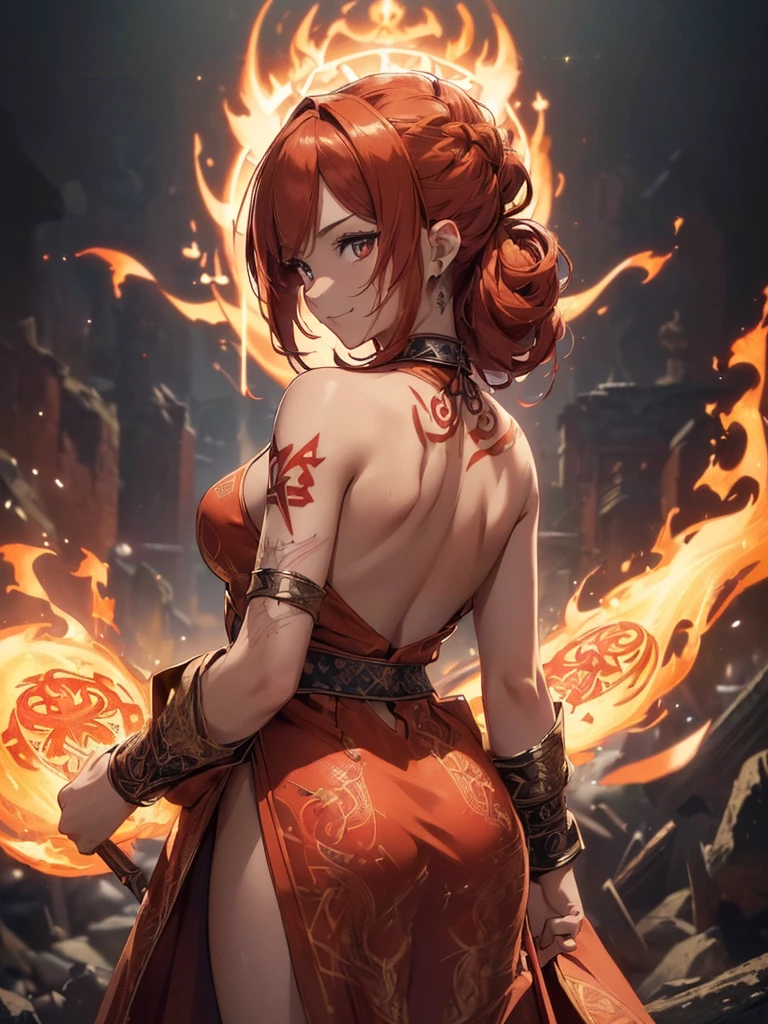 (((best quality, sharp image, clear image, cinematic lighting, 8k resolution, masterpiece, ultra detailed, intricate))) Girl, (((looking over left shoulder))), (shot from behind), ((zoom in)), fire mage, ((intricate background)), ((chaotic background)), red hair, smiling, ((flame runes, flame sigils)), (tatoo on back), slim figure, flying sigils, long dress, cute