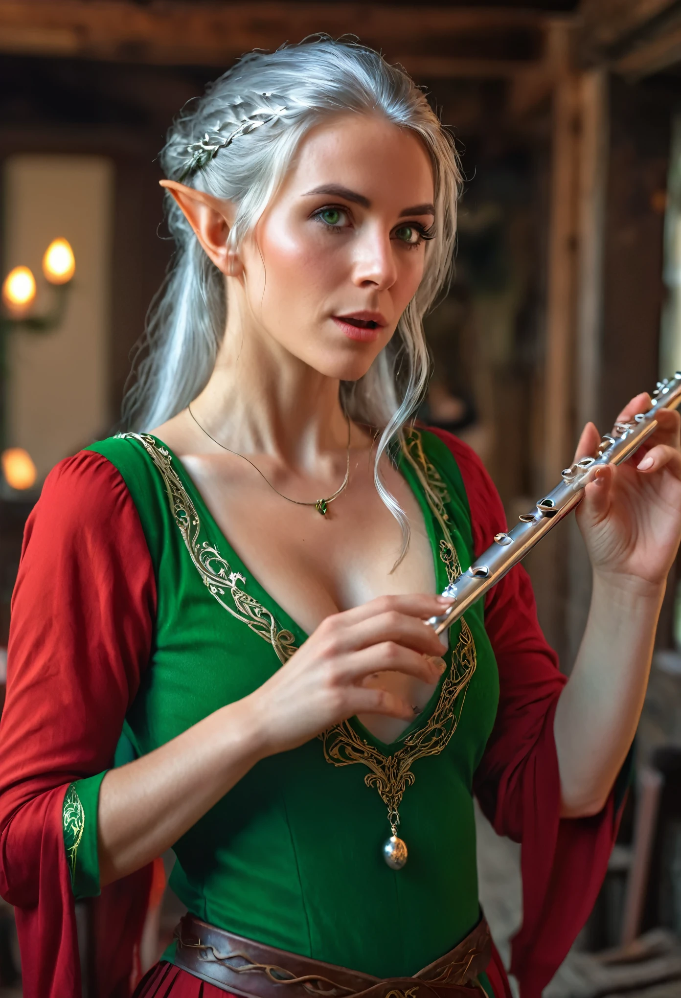 Photograph of a female half-elf bard is entertaining the crowd in an inn by playing the flute. silver hair and green eyes, wearing a sultry red dress. shot with Canon R3. 8k, HDRI