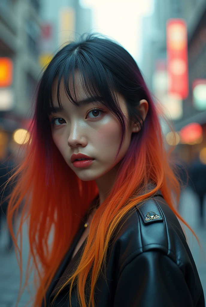 (gradient hair, dutch angle:1.3), film grain, chromatic aberration, city centre, masterpiece, best quality, raw photo, photorealistic, absurdres, 1girl, cute, perspective, cowboy shot, highres, ultra detailed, finely detail, detailed eyes and face, sharp pupils, realistic pupils, sharp focus, summer, night,