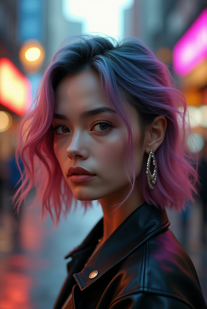 (gradient hair, dutch angle:1.3), film grain, chromatic aberration, city centre, masterpiece, best quality, raw photo, photorealistic, absurdres, 1girl, cute, perspective, cowboy shot, highres, ultra detailed, finely detail, detailed eyes and face, sharp pupils, realistic pupils, sharp focus, summer, night,