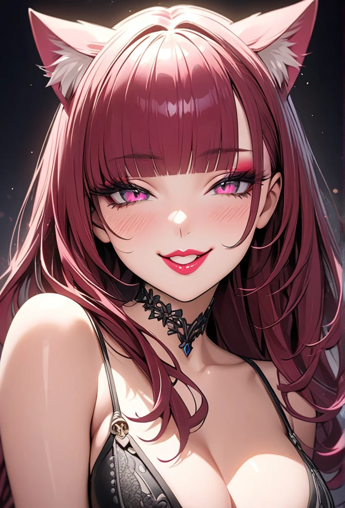 (masterpiece), best quality, highly detailed faces, (SHARP details), 4k, highly detailed, expressive eyes, SHARP detail expressive eyes, (SHARP detail perfect face), (cat ears), (cat tail),maroon red hair,(shiny lipstick) (pink eyes), long hair, detailed face, medium breasts, long eyelashes, mature, (smirk, closed lips, big plump lips, eyeshadow) shiny skin, beautiful eyes,(detailed eyes, sharp eyes, clear pupils:0.8), blunt bangs, wispy bangs, naughty look, wink, winking, blush