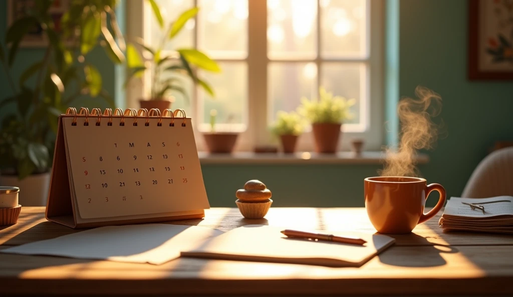 A workspace table with a calendar, notes, and a cup of coffee. Sunlight coming through the window creates a cozy atmosphere. Warm and earthy colors like brown and green conveying a sense of organization. Cozy visual style symbolizing planning and focus. --ar 16:9 --v 5 --stylize 1000