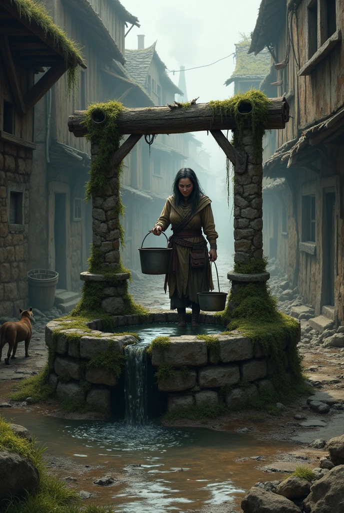 a woman fetching water from a dirty well in an ancient and dirty medieval village