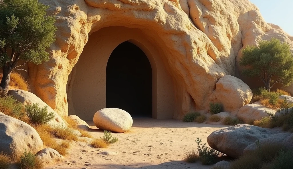 Create a realistic image of Jesus' tomb, as described in the Bible. The scene should include a cave in a hill, with an arched entrance. The entrance to the tomb must be sealed by a large round stone., which is positioned in front of the opening. The scene should be softly lit by morning light., highlighting the texture of the rock and the surrounding vegetation, such as olive trees and shrubs typical of the region. The environment should convey a sense of reverence and stillness., capturing the historical and spiritual importance of the site.