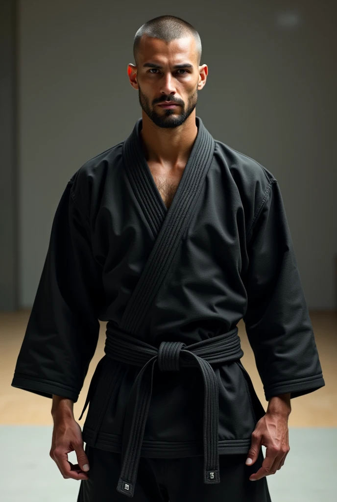 A white belt jiu-jitsu fighter in a black kimono looking forward without a beard 