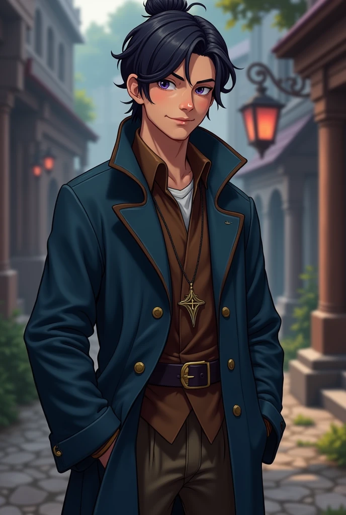 crie um homem, he's a wizard, he has his hair in a bun style, make it in the art style of dungeons and dragons VOX MACHINA from critical role create it with a friendly and calm face, he has no beard and is just a 24 year old adult, don't do it in a way , I want you to make this art in the same animation style they use in the Vox Machina animated series on Amazon Prime., make it more realistic, do it in the same style as baldur's gate 3, he has dark purple eyes, he wears a dark blue overcoat, he has a brown coat under his coat, He wears brown pants, make him have a slightly more adult face, but without any beard, create in the art style of the series "invincible"
Make him with a mature face