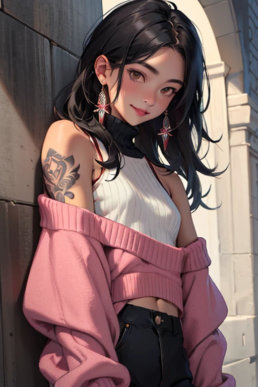 ((best quality)), ((masterpiece)), (detailed), 1girl, off-shoulder sweater, black hair, shoulder-length hair, brown eyes, matte pink lips, black hair, left-shoulder tattoo,  body, small chest, slight teasing, slight smile