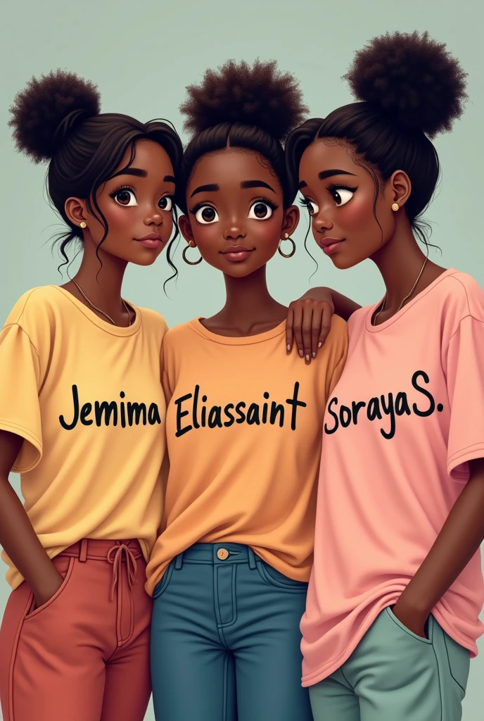 Trois amies filles qui portent des gros t-shirt , le premier t-shirt est écrit Jemima , le deuxième t-shirt est écrit Eliassaint et le troisième t-shirt est écrit Soraya .S . Elles sont noirs , elles n’ont pas beaucoup de cheveux, elles ont fait des chignons. Il faut que les noms sur les t-shirt se voient clairement Il ne faut pas oublier de mettre un point et un S majuscule sur le troisième t-shirt Je ne veux pas des images d'enfants car elles ont 19 ans.