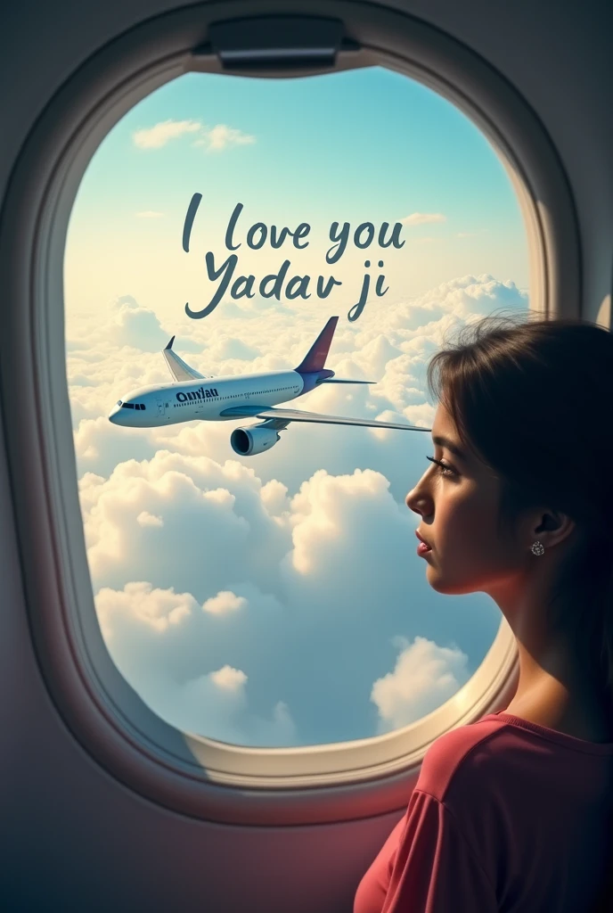 An airplane that is flying between the clouds, it is written on the air cloud, I love you Yadav ji There is a girl who is looking at the clouds outside the airplane window