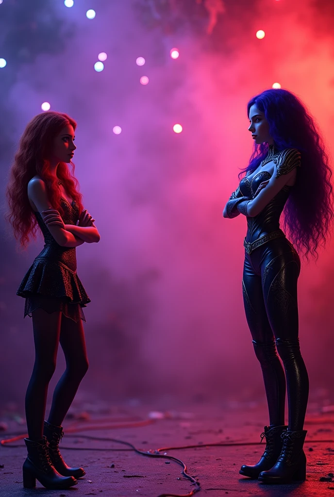 Birthday invitation with purple background on top and gradient to red, the character Red from Descendants on the left and Mal from Descendants on the right. It's Ana Carolina's 9th birthday at Av.. Cariacica, 889 - Capixaba Village, Cariacica - ES, 29148-100