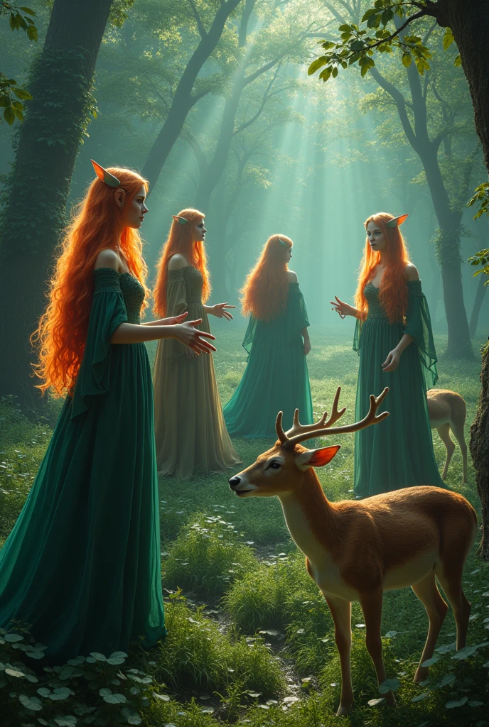 a beautiful group of 5 sexy elf witches, long colorful hair, casting spell, enchanted forest, deer at their feet, (best quality,4k,8k,highres,masterpiece:1.2),ultra-detailed,(realistic,photorealistic,photo-realistic:1.37),breathtaking landscape,dramatic lighting,cinematic composition,vibrant colors,magical realism