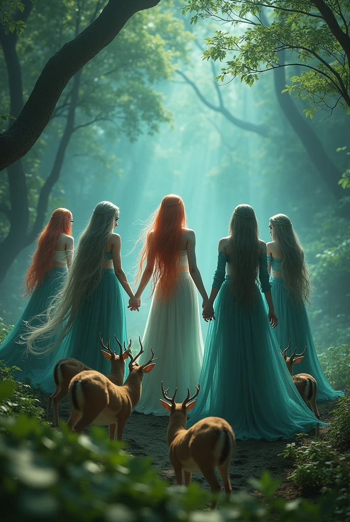 a beautiful group of 5 sexy elf witches, long colorful hair, casting spell, enchanted forest, deer at their feet, (best quality,4k,8k,highres,masterpiece:1.2),ultra-detailed,(realistic,photorealistic,photo-realistic:1.37),breathtaking landscape,dramatic lighting,cinematic composition,vibrant colors,magical realism