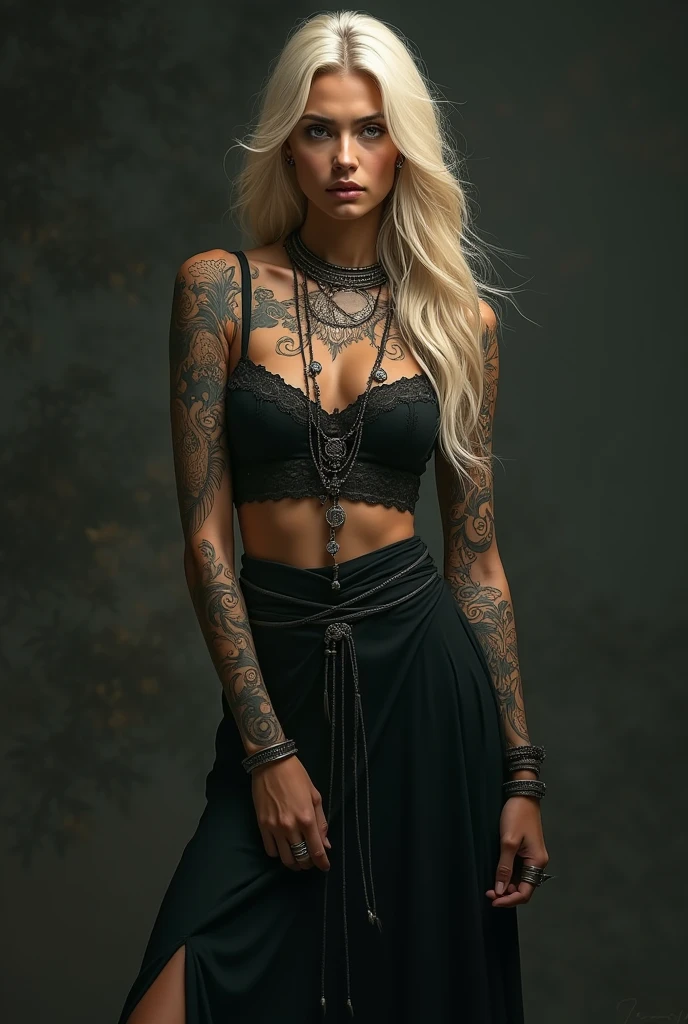 Tall Indian woman blonde long hair, tattoos on the arm, black