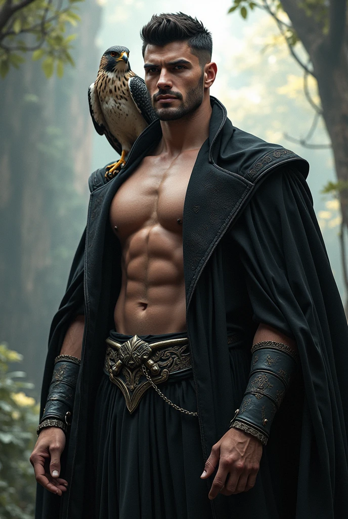 create an Aureos and Falko with a handsome strong man with black and white colors with a falcon on his shoulder.