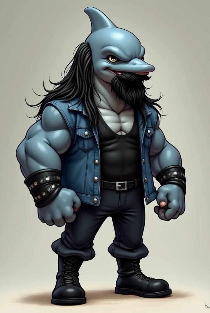 Cartoon dolphin dressed like WWE wrestler bo dallas. Long black stringy hair. Black bushy mustache. Black bushy beard. Black singlet. Black jean jacket. Black jean pants. Black boots. Big smile