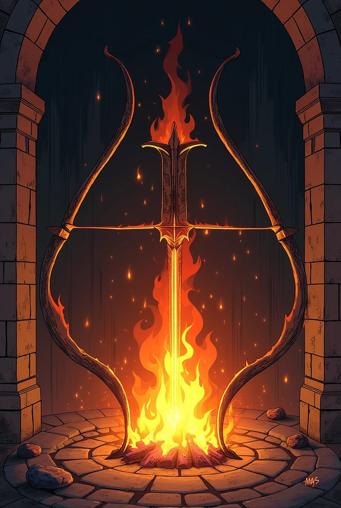 Create a scene of a medieval bow and arrow burning in a fireplace in semi-animated comic style, with gothic style colors