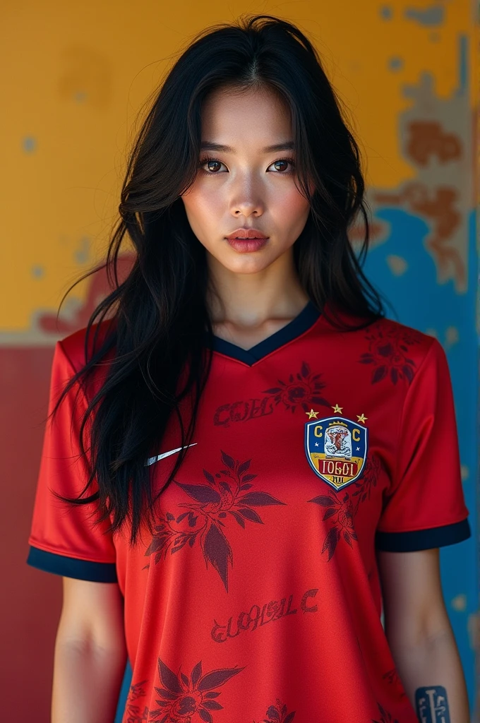 Jennie from Blackpink wearing the Colo Colo jersey from the Chilean league.