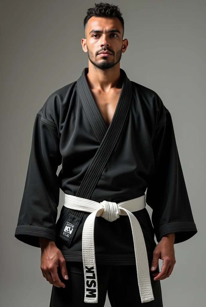 A white belt jiu-jitsu fighter in a black kimono looking forward
