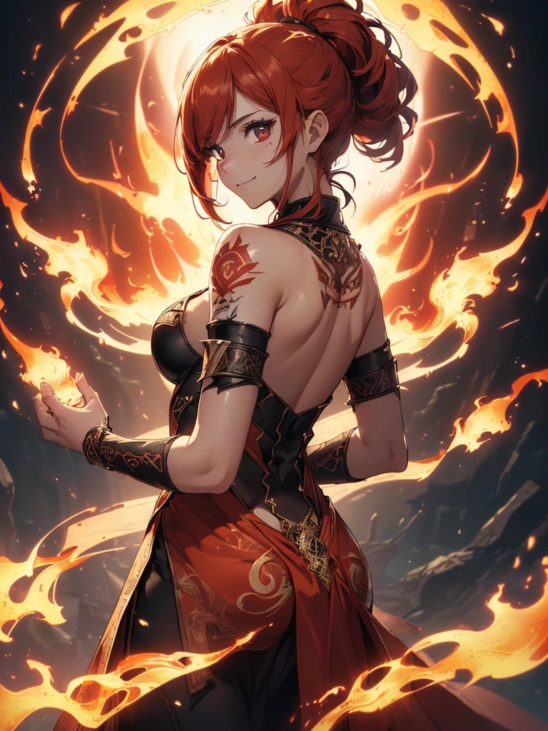 (((best quality, sharp image, clear image, cinematic lighting, 8k resolution, masterpiece, ultra detailed, intricate))) Girl, (((looking over left shoulder))), (shot from behind), ((zoom in)), fire mage, ((intricate background)), ((chaotic background)), red hair, smiling, ((flame runes, flame sigils)), (tatoo on back), slim figure, flying sigils, long dress, cute