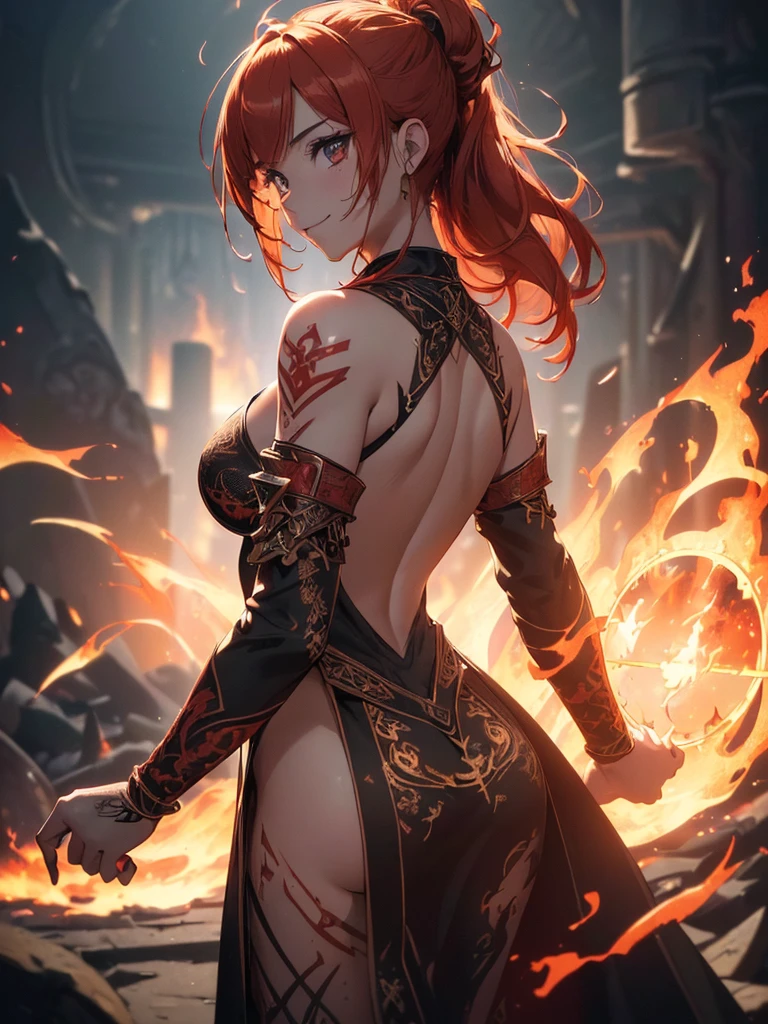 (((best quality, sharp image, clear image, cinematic lighting, 8k resolution, masterpiece, ultra detailed, intricate))) Girl, (((looking over left shoulder))), (shot from behind), ((zoom in)), fire mage, ((intricate background)), ((chaotic background)), red hair, smiling, ((flame runes, flame sigils)), (tatoo on back), slim figure, flying sigils, long dress, cute